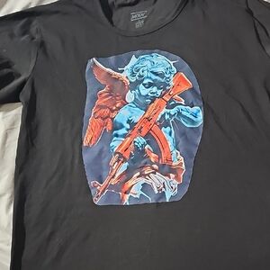 Black T-Shirt with Angel and Rifle Design